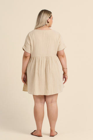 Curve Button Front Cheese Cloth Mini Smock Dress