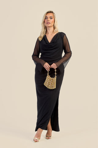 Curve Cowl Neck Long Sleeve Mesh Maxi Dress