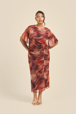 Curve angel sleeve abstract mesh midi dress