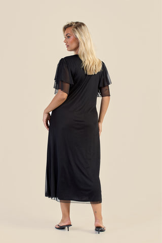 Curve Flutter Sleeve Black Mesh Tie Front Midi Dress