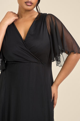 Curve Angel Sleeve Wrap Front Black Mesh Maxi Dress