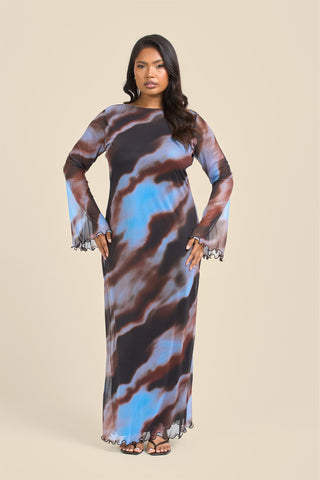 Curve Blue Abstract Print Flare Sleeve Mesh Maxi Dress