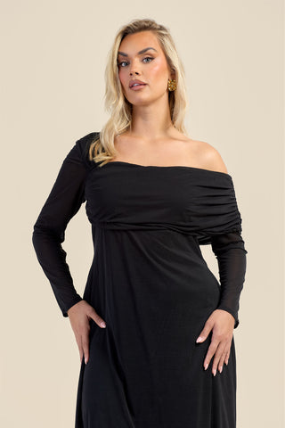 Curve Gathered Neck Long Sleeve Midi Dress