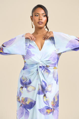 Curve Floral Lily Print Twist Front Mesh Flare Sleeve Midi Dress