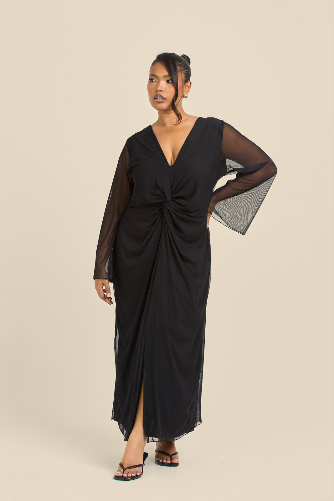 black dress with mesh front Lana Black Mesh Panel Ruched Maxi Dress, M / Black