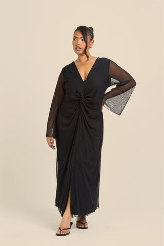 Curve Twist Front Flare Sleeve Black Mesh Midi Dress