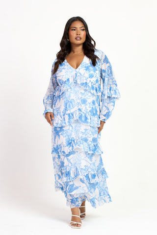 Curve Blue Floral Print Ruffle Balloon Sleeve Maxi Dress