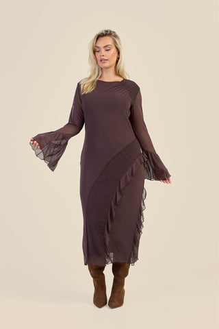 Curve Mesh Ruffle Sleeve Midi Dress