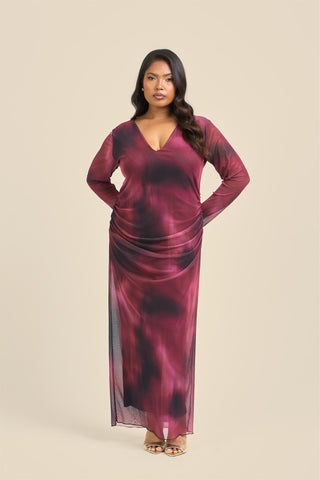 Curve plunge neck burgundy ruched mesh midaxi dress