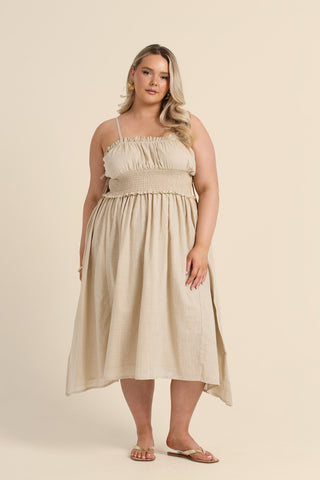 Curve Shirred Waist Linen Look Midi Dress
