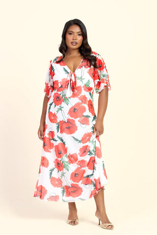 Curve Poppy Print Flutter Sleeve Tie Front V Neck Midi Dress