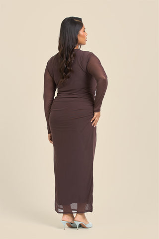 Curve long sleeve chocolate mesh midaxi dress