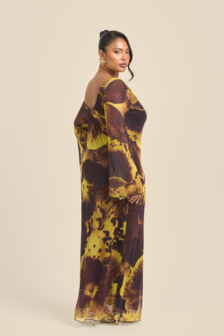 Curve Flare Sleeve Bold Floral Mesh Maxi Dress