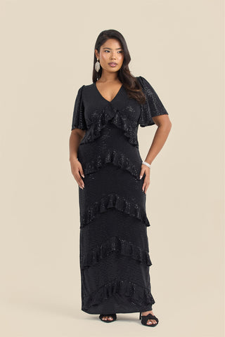 Curve All over Stretch Sequin Ruffle Maxi Dress