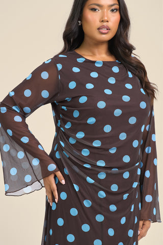Curve Polka Dot Long Sleeve Ruched Mesh Midi Dress