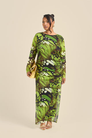 Curve Abstract Print Ruched Mesh Midaxi Dress