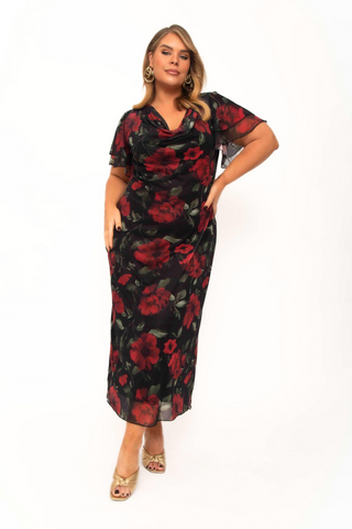 Curve flutter sleeve large rose print midaxi dress