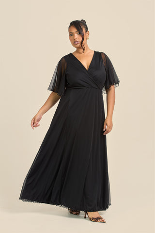 Curve Angel Sleeve Wrap Front Black Mesh Maxi Dress