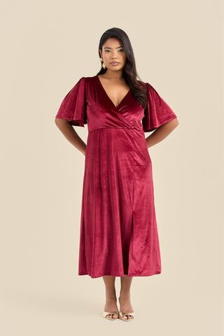Curve flutter sleeve wrap velvet Burgundy midi dress