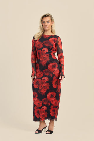 Curve Large floral flare sleeve mesh maxi dress