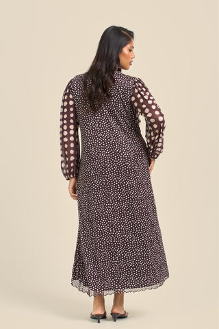 Curve Chocolate Polka Dot Balloon Sleeve Mesh Midi Dress