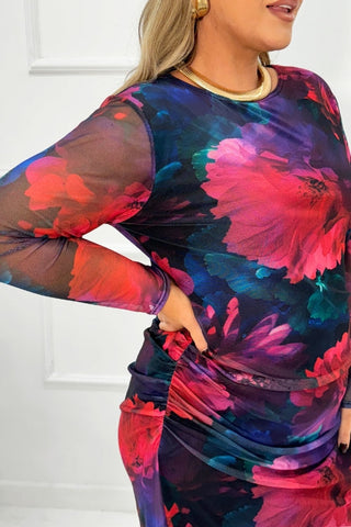 Curve Dark Floral Ruched Mesh Midaxi Dress