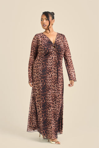 Curve Leopard Print Trim Detail Flare Sleeve Midi Dress