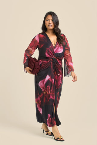 Curve Twist front large floral burgundy mesh midi dress