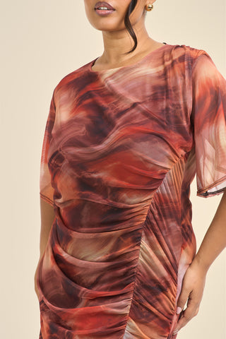 Curve angel sleeve abstract mesh midi dress