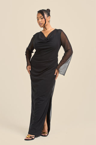 Curve Cowl Neck Long Sleeve Mesh Maxi Dress