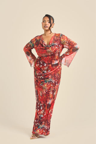 Curve Cowl Neck Abstract Butterfly Flare Sleeve Maxi Dress