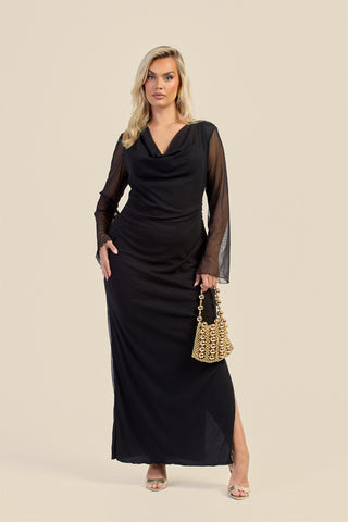 Curve Cowl Neck Long Sleeve Mesh Maxi Dress