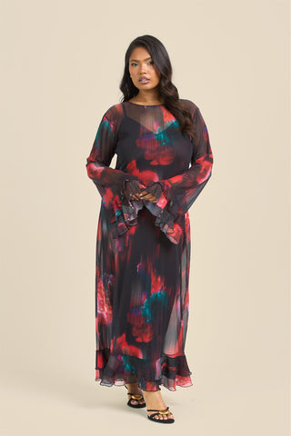 CURVE RUFFLE SWING STYLE LOOSE FIT MAXI DRESS