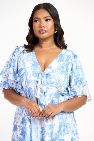 Curve Blue Floral Flutter Sleeve Tie Front Mini Skater Dress