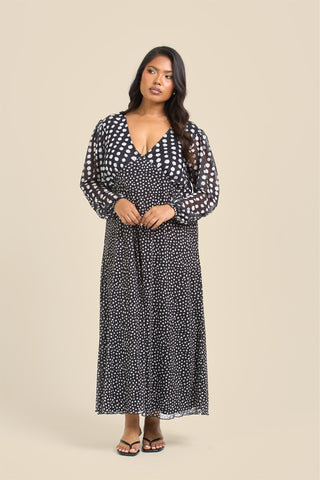Curve Mixed Polka Dot Balloon Sleeve Midi Dress