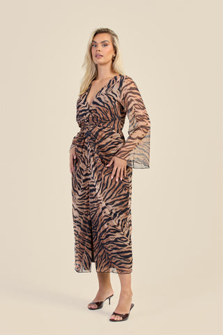 Curve Brown Tiger Print Twist Front Flare Sleeve Midaxi Dress