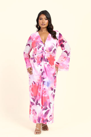 Curve Floral Twist Front Plunge Flare Sleeved Midi Dress