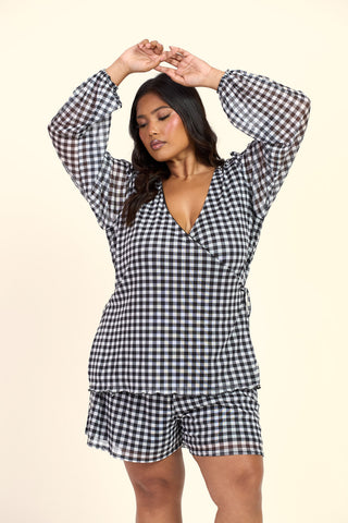 Curve Gingham Print Wrap Balloon Sleeve Mesh Blouse