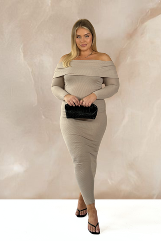 Curve Soft ribbed Bardot Maxi Dress In Stone