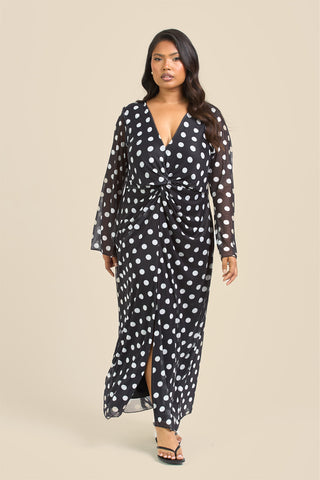Curve Twist Front Polka Dot Mesh Midi Dress