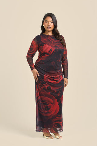 Curve rose print ruched midaxi dress
