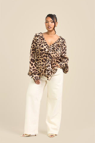 Curve Ruffle Leopard Chiffon Blouse