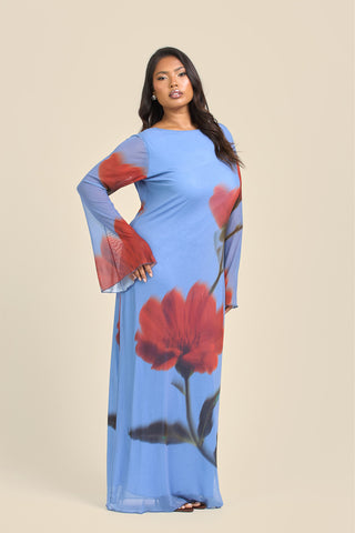 Curve Statement Floral Long Sleeve Mesh Maxi Dress
