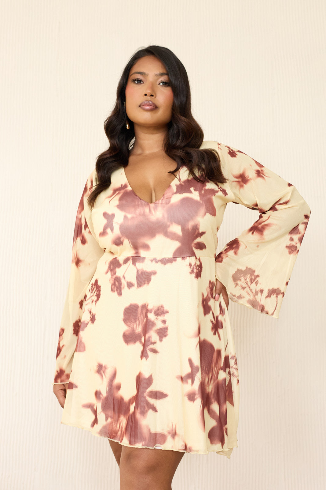 Curve Floral Print Flare Sleeve Butter Milk Mini Skater Dress Fashion//SZN Curve Floral Print Flare Sleeve Butter Milk Mini Skater Dress Fashion//SZN