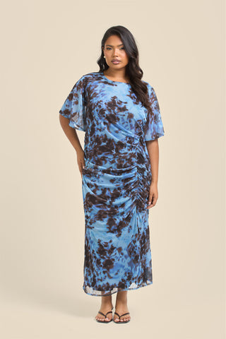 Curve Blue Abstract Print Flutter Sleeve Ruched Midi Dress