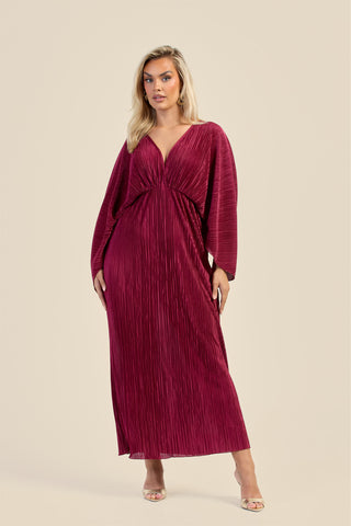 Curve Batwing plisse Burgundy Maxi Dress