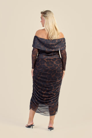 Curve Bardot Leopard Print Ruched Midaxi Dress