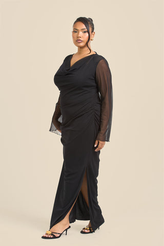Curve Cowl Neck Long Sleeve Mesh Maxi Dress
