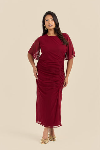 Plus Size Ruched Mesh Angel Sleeve Midaxi Dress