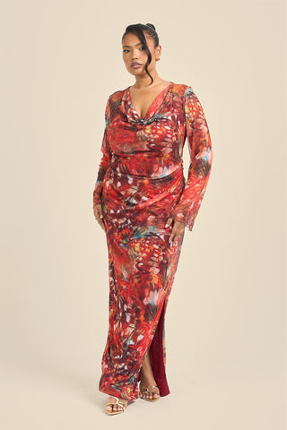 Curve Cowl Neck Abstract Butterfly Flare Sleeve Maxi Dress